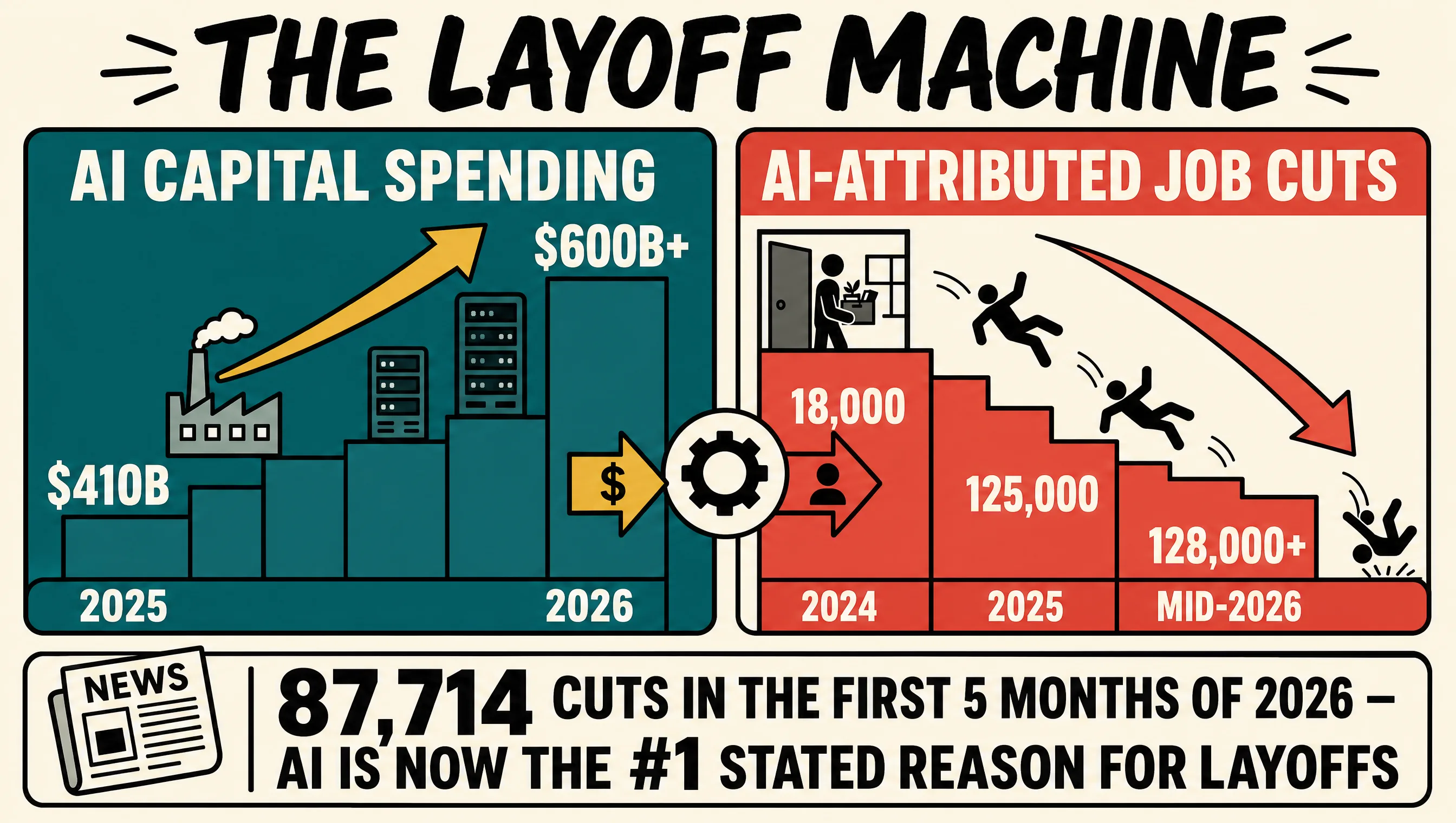 Infographic titled The Layoff Machine: AI capital spending climbing from $410 billion in 2025 to over $600 billion in 2026 while AI-attributed job cuts rise from 18,000 in 2024 to 125,000 in 2025 and 128,000 by mid-2026