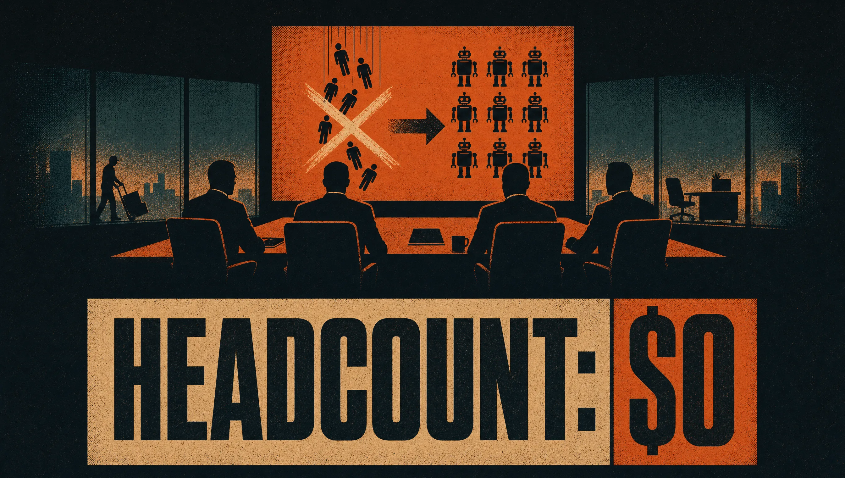 Screen-print poster of corporate executives in silhouette watching worker icons being crossed out and replaced by robot icons on a boardroom screen