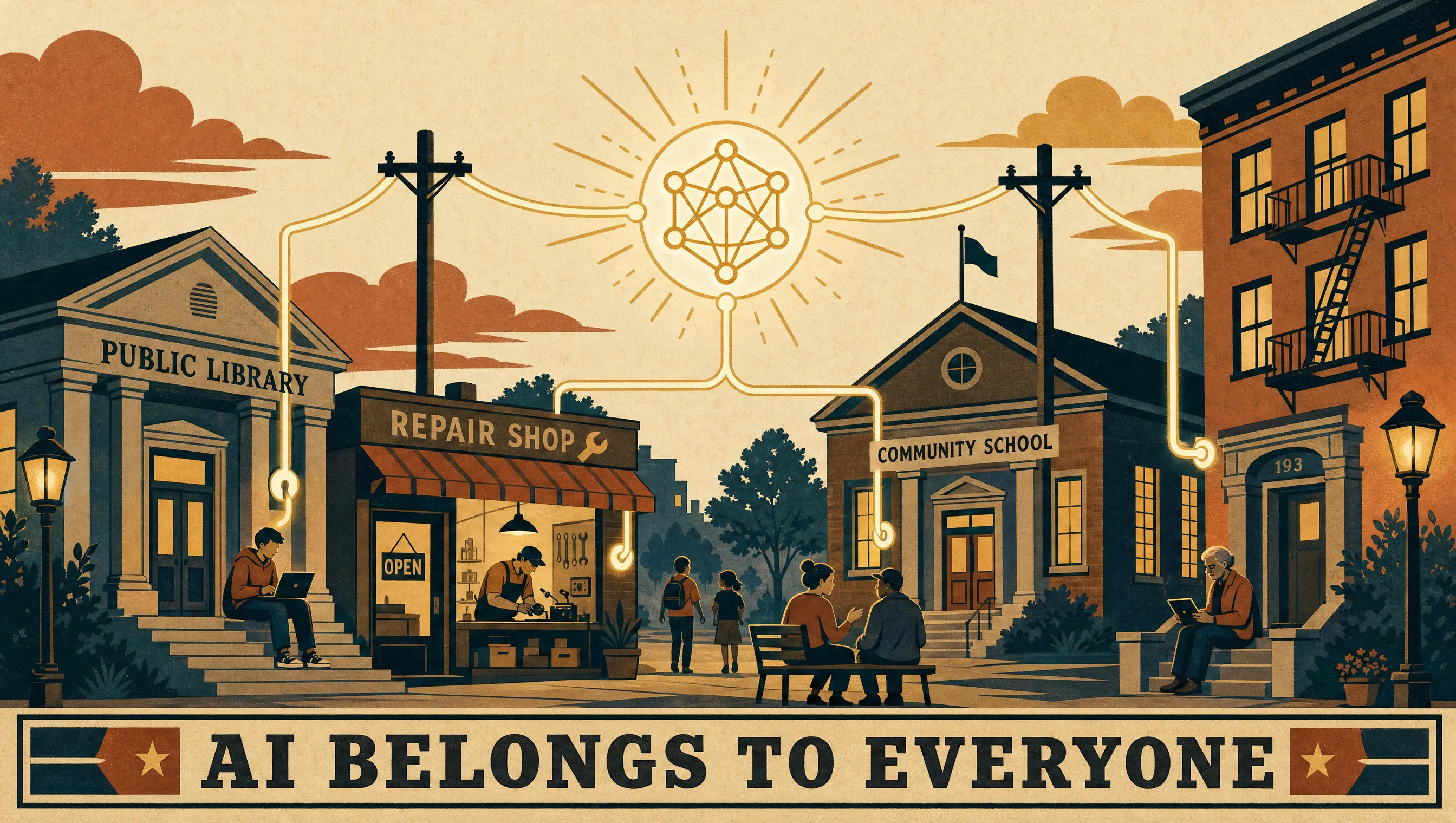 WPA-style poster of a neighborhood with a library, repair shop, and school all plugged into one shared open neural network strung like public power lines