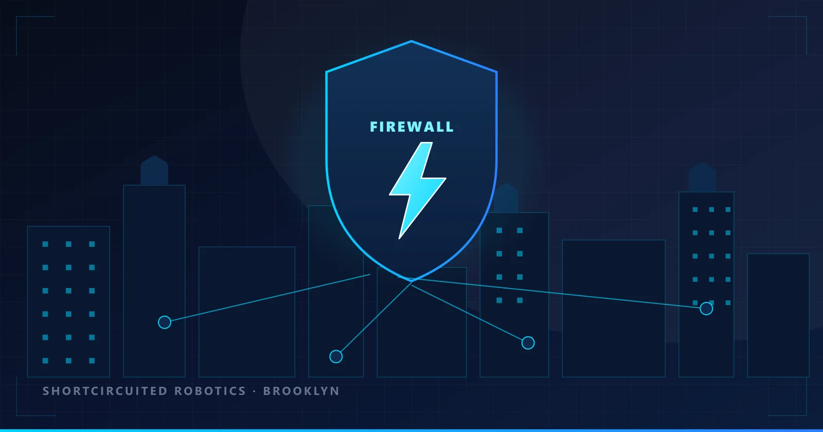 A Brooklyn rooftop skyline with water towers behind a glowing firewall shield connected to network nodes across the borough