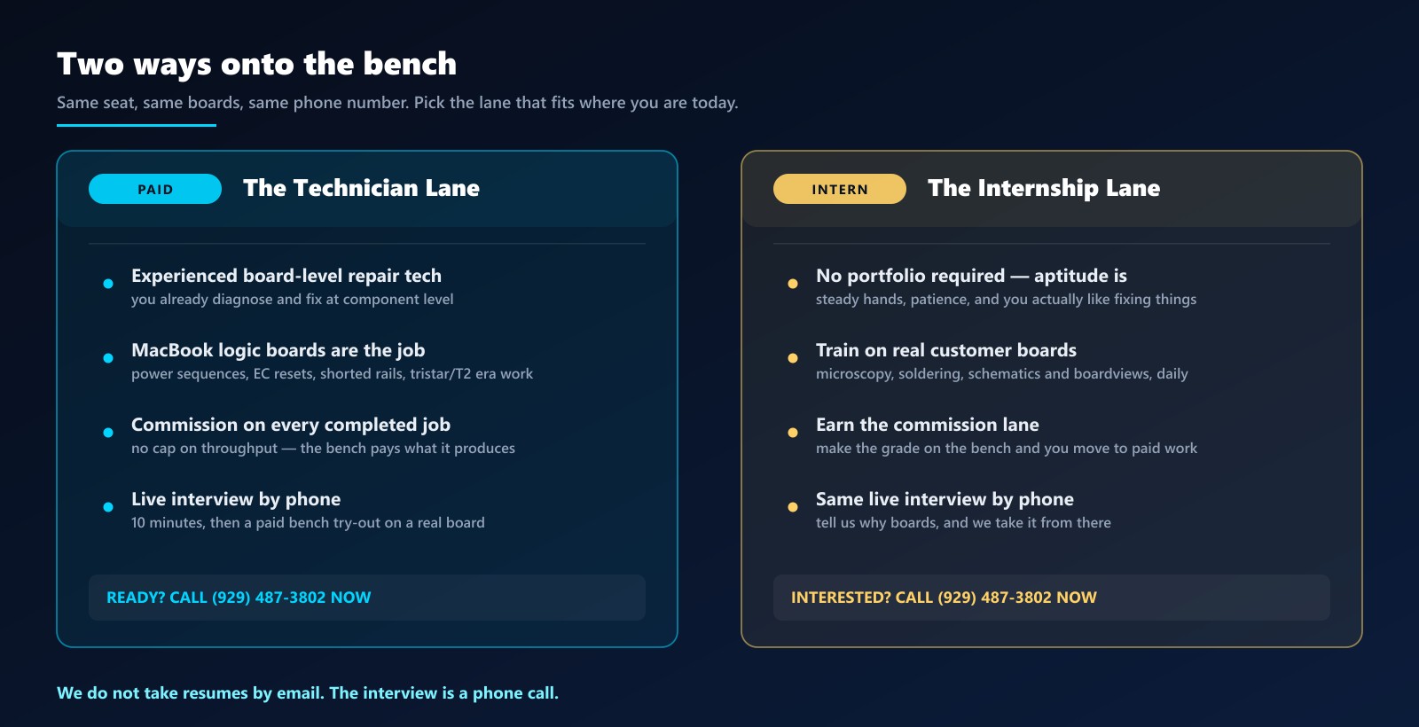 Two ways onto the bench: the paid technician lane and the internship lane, both with a live phone interview at (929) 487-3802