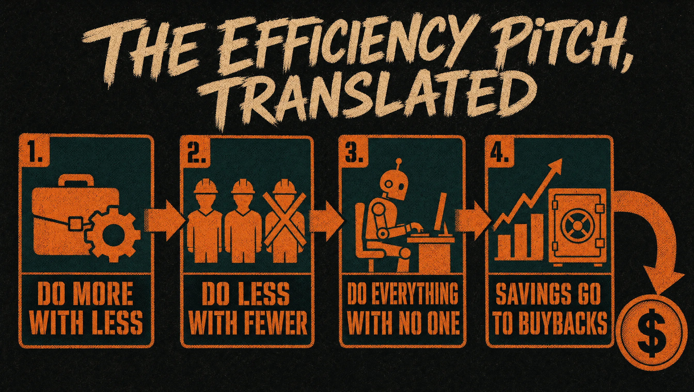 Flowchart of the corporate efficiency pitch: do more with less, then do less with fewer, then do everything with no one, then savings go to buybacks