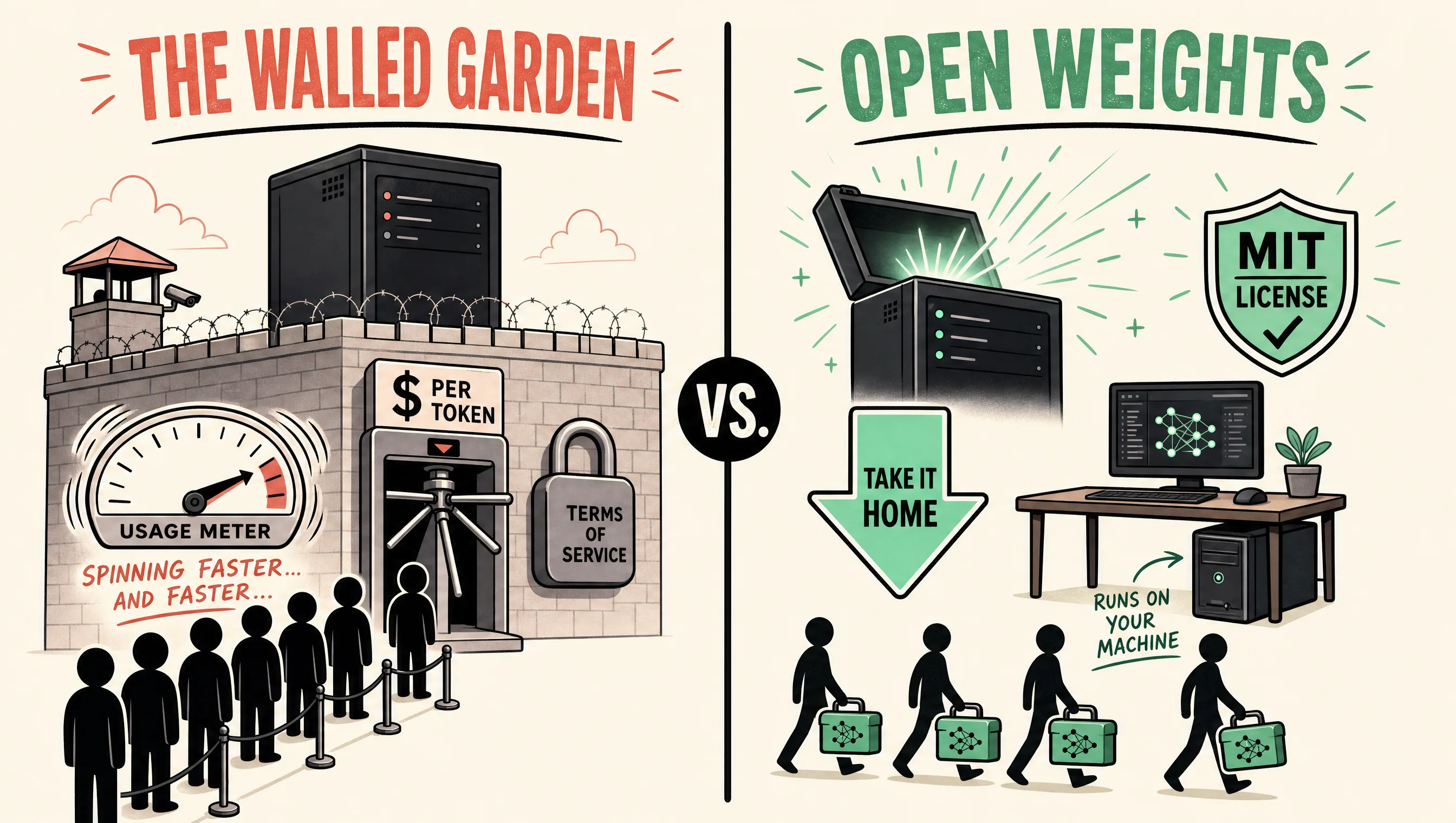 Split comparison graphic: the walled garden with a black-box server behind a wall and a per-token pay turnstile versus open weights with a download arrow, a home PC running the model, and an MIT license badge