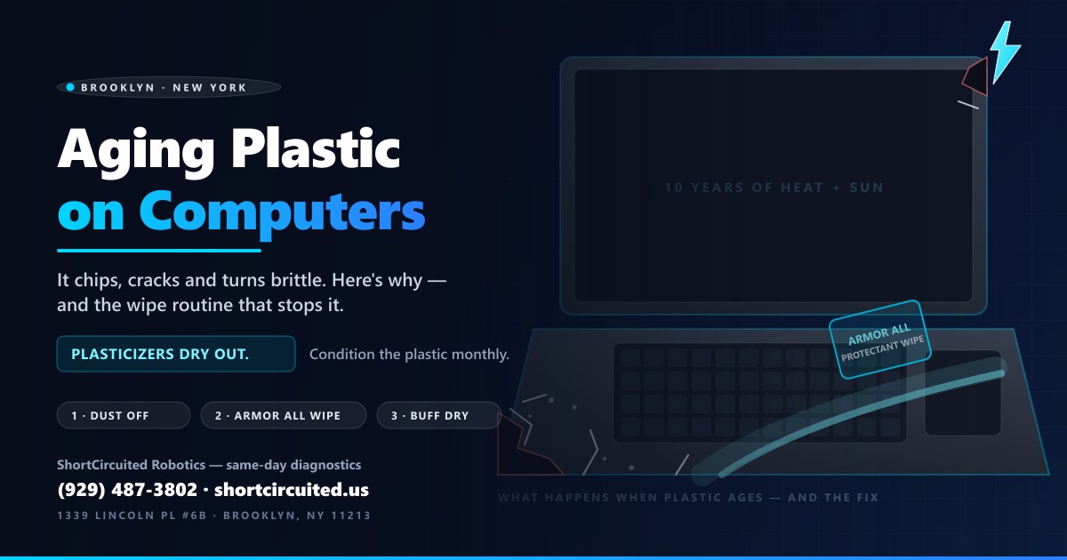 Aging laptop plastic with chipped and cracked corners, preserved with Armor All protectant wipes — ShortCircuited Robotics Brooklyn