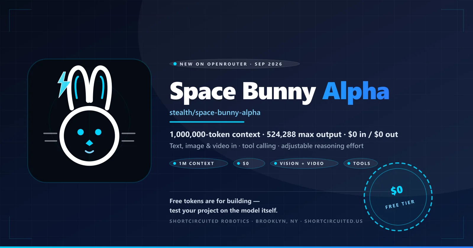 A wireframe bunny mark beside the words Space Bunny Alpha — 1,000,000-token context, 524,288 max output, $0 in and $0 out, text image and video input, tool calling