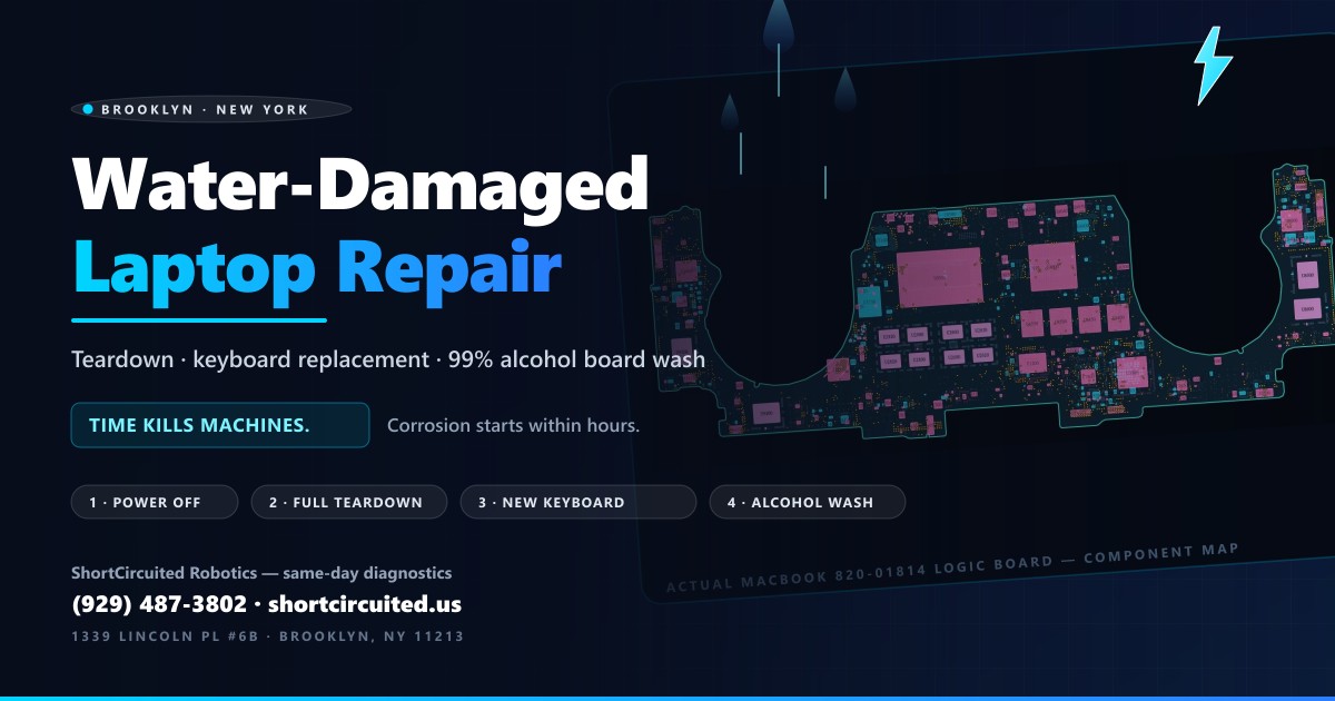 Water-damaged laptop on the repair bench at ShortCircuited Robotics — teardown, keyboard replacement and 99% isopropyl alcohol board wash